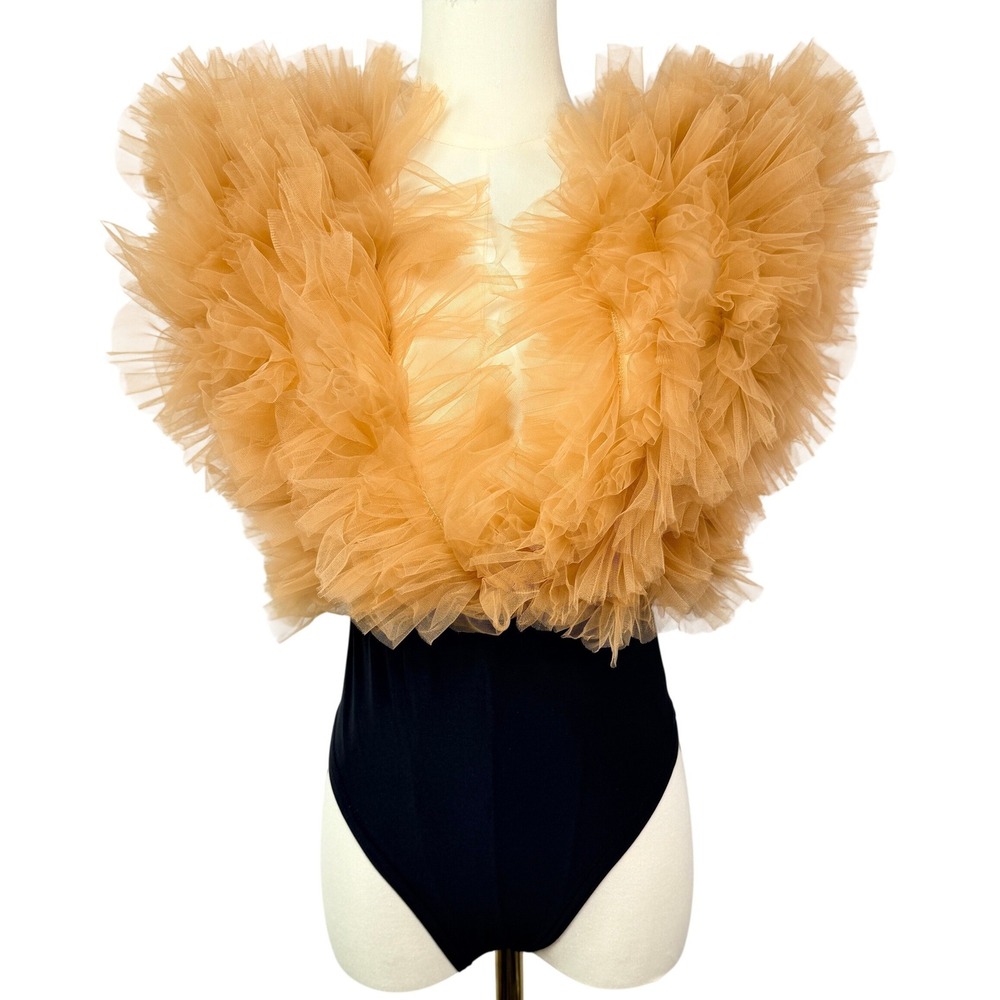 Alchemy by Lia Aram Ruffled Tulle Bodice Bodysuit L Tan Black LIA‎ 292 NWT